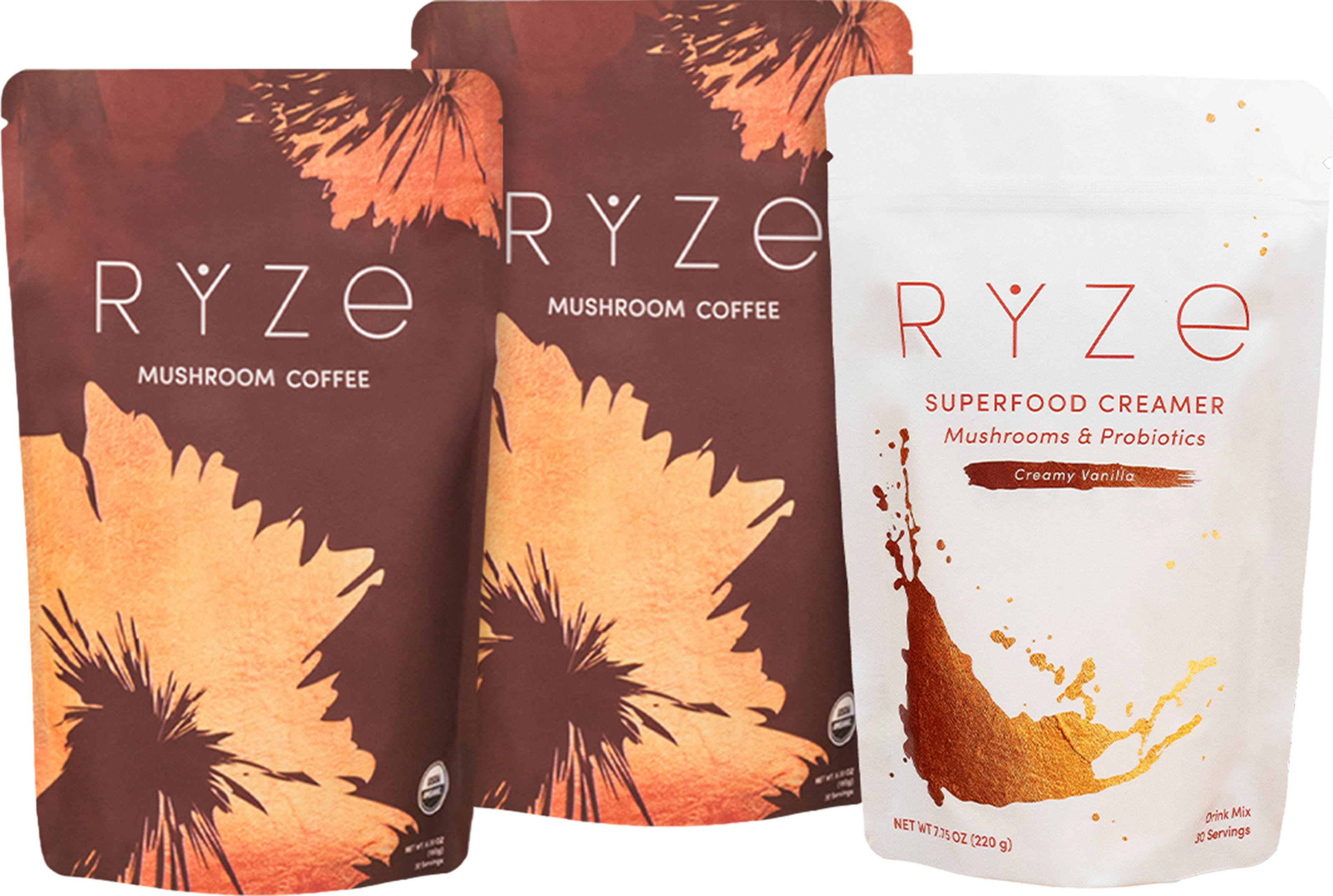 Three RYZE Mushroom Coffee bags with creamer pouch